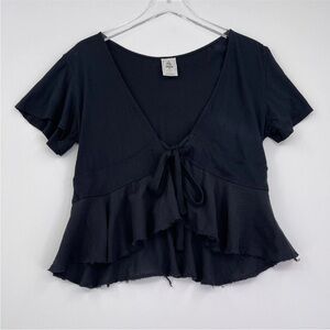Free People We The Free MediumWomens Top Black V-neck Short Sleeve Ruffle Shirt